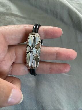 Lia Sophia Black Cord Bracelet with Iridescent Mother-of-Pearl and Abalone Inlay